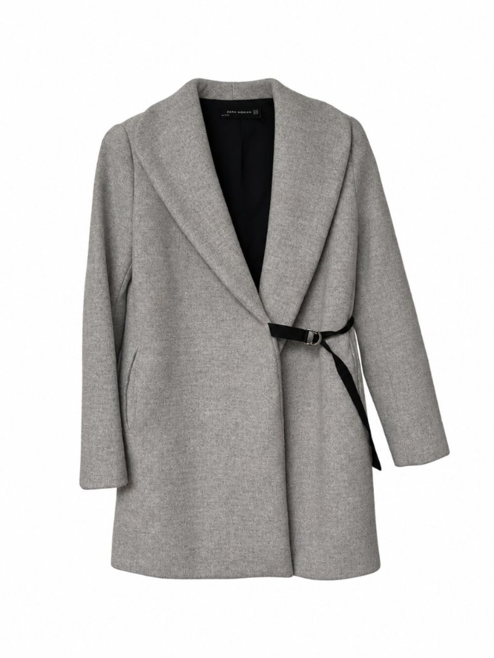 ZARA Woman Grey Wool-Look Belted Wrap Coat XS